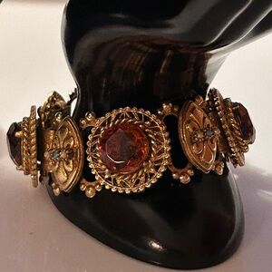Vintage Gold Tone Seed Pearl Amber Glass Black Enamel Statement Panel Bracelet